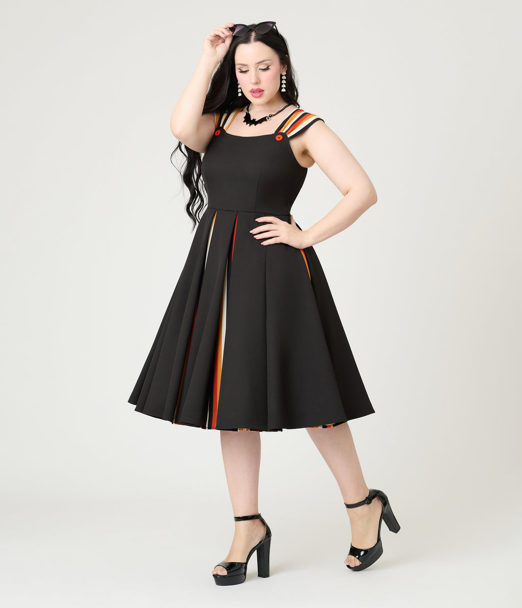 Unique Vintage Black Halloween Stripe Swing Dress