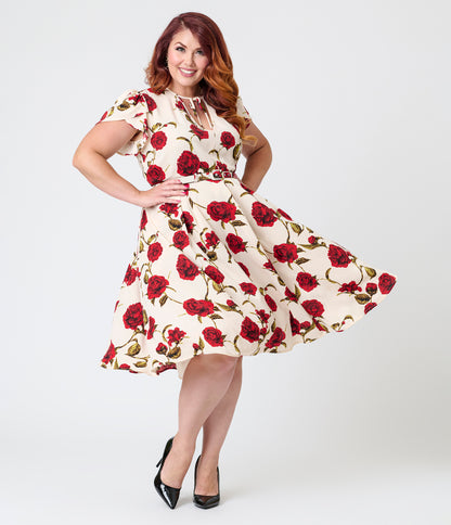 Unique Vintage Plus Size White & Red Rose Dahlia Swing Dress