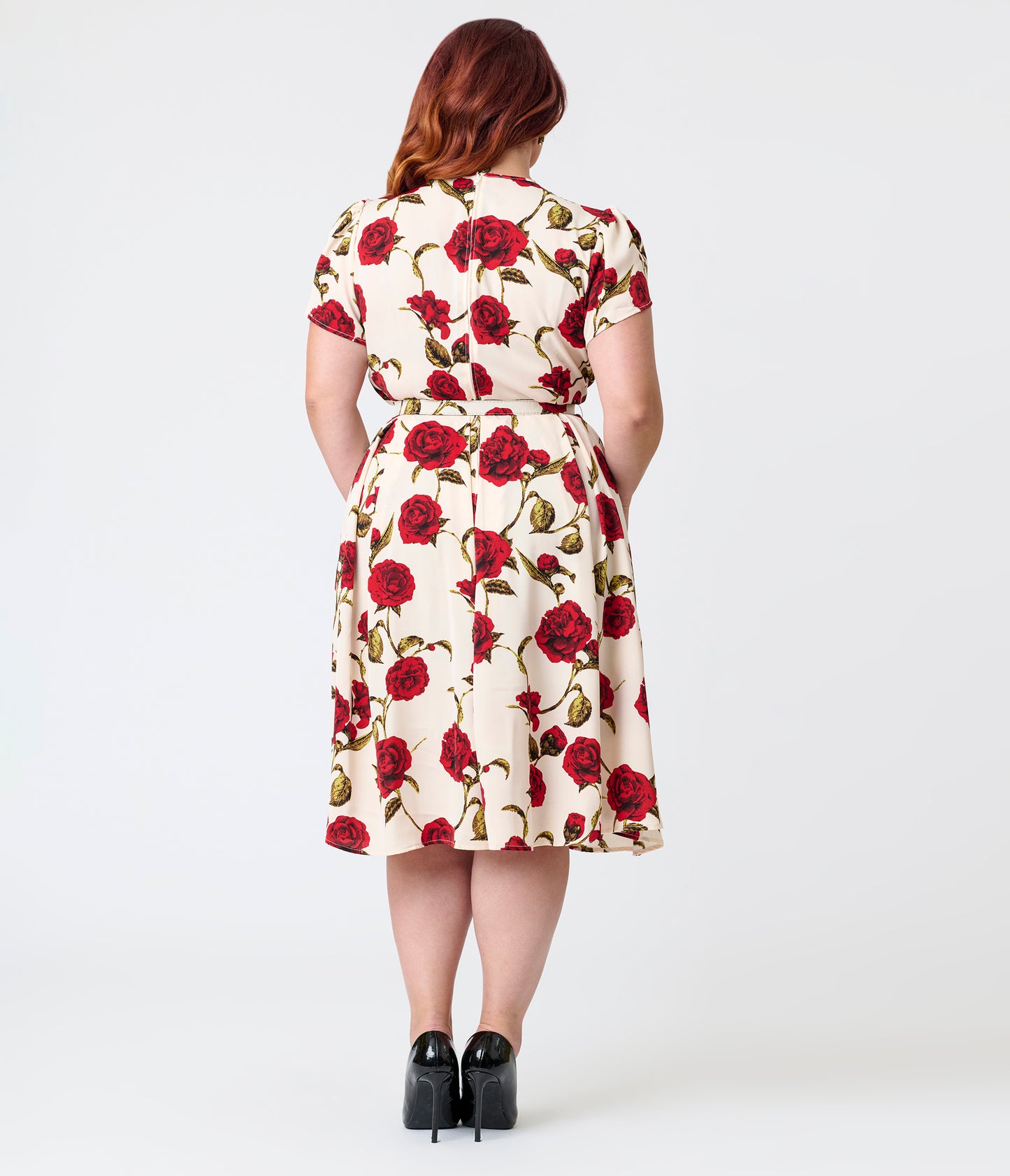 Unique Vintage Plus Size White & Red Rose Dahlia Swing Dress