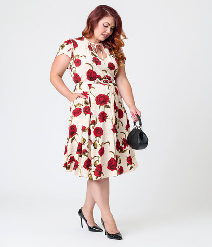 Unique Vintage Plus Size White & Red Rose Dahlia Swing Dress