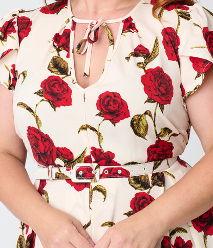 Unique Vintage Plus Size White & Red Rose Dahlia Swing Dress
