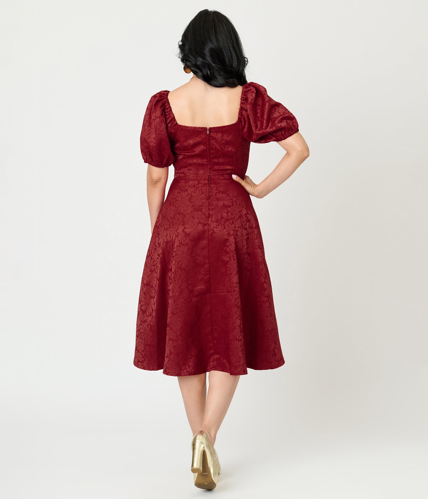 Unique Vintage Burgundy Floral Jacquard Sweetheart Swing Dress