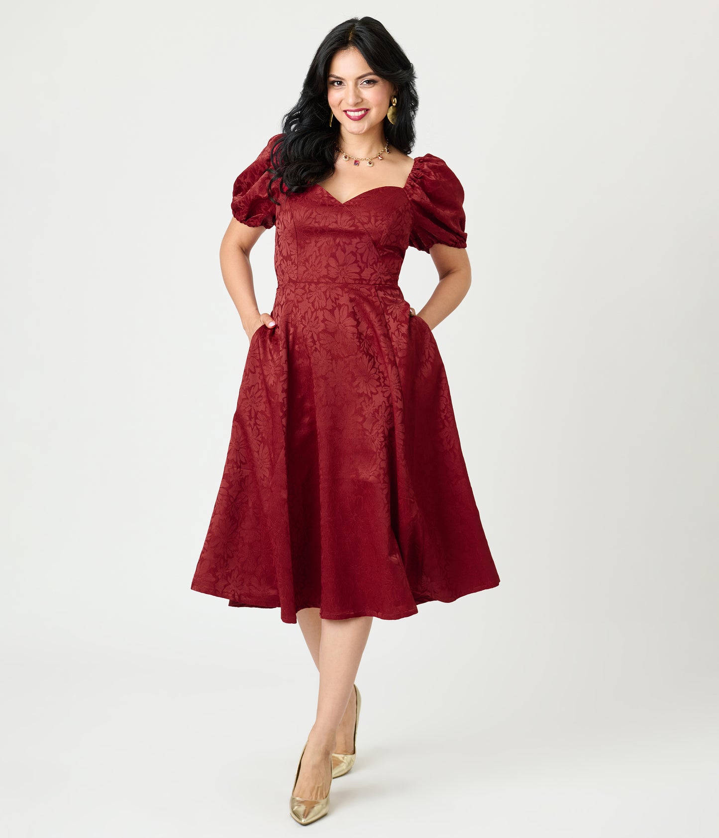 Unique Vintage Burgundy Floral Jacquard Sweetheart Swing Dress