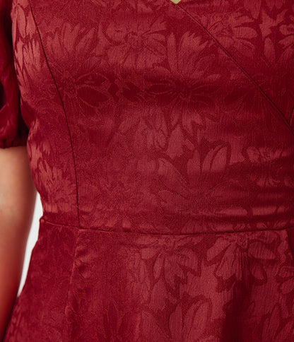 Unique Vintage Burgundy Floral Jacquard Sweetheart Swing Dress