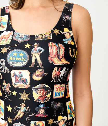 Yeehaw Vintage Cowboy Collage Black One Piece Swimsuit