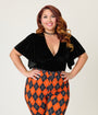 Unique Vintage Plus Size Black Velvet Flutter Sleeve Top