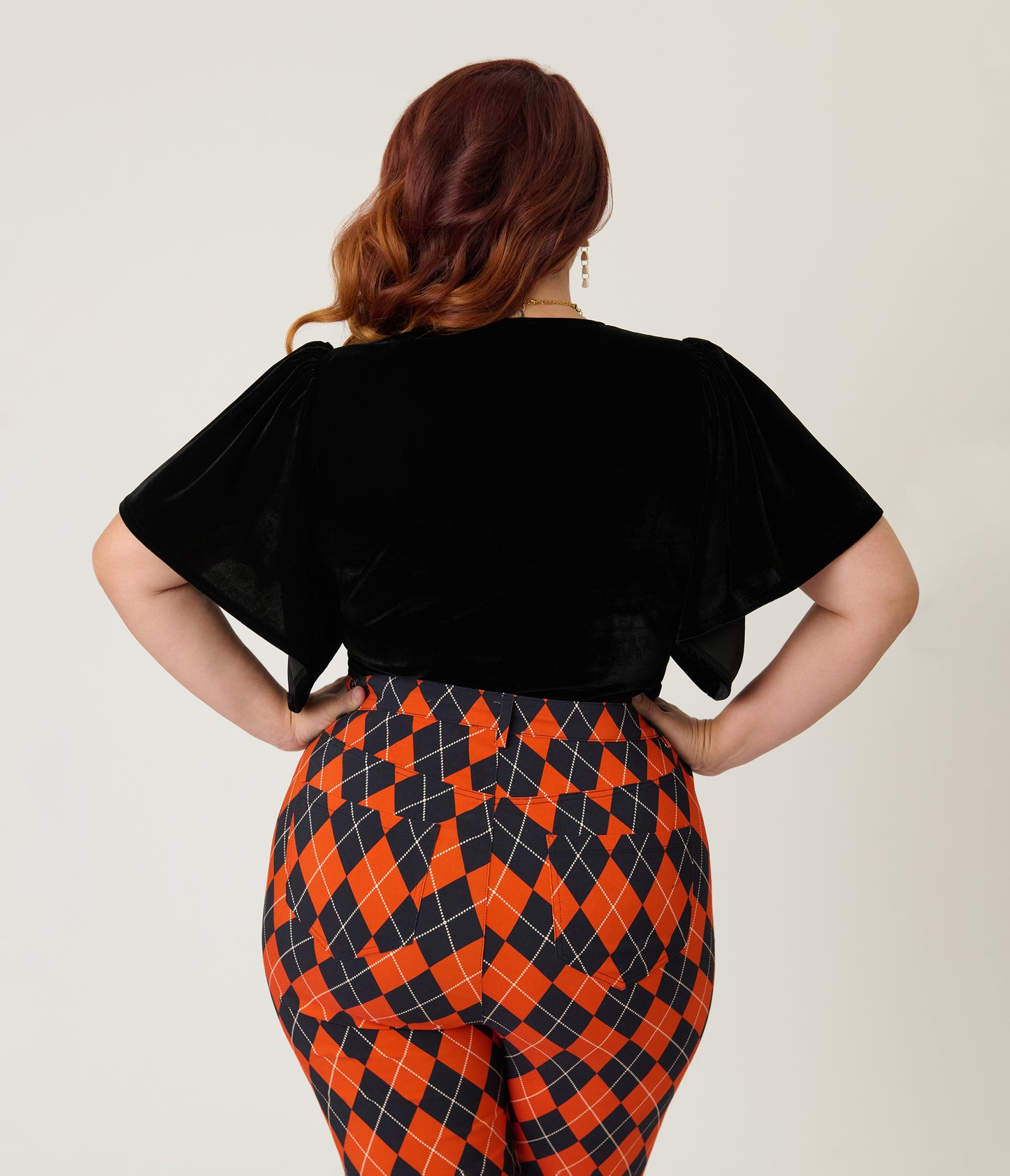 Unique Vintage Plus Size Black Velvet Flutter Sleeve Top