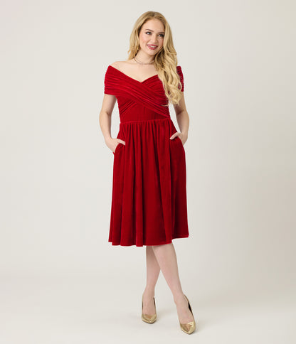 Unique Vintage Burgundy Shirred Velvet Swing Dress