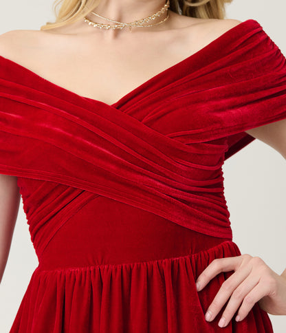Unique Vintage Burgundy Shirred Velvet Swing Dress