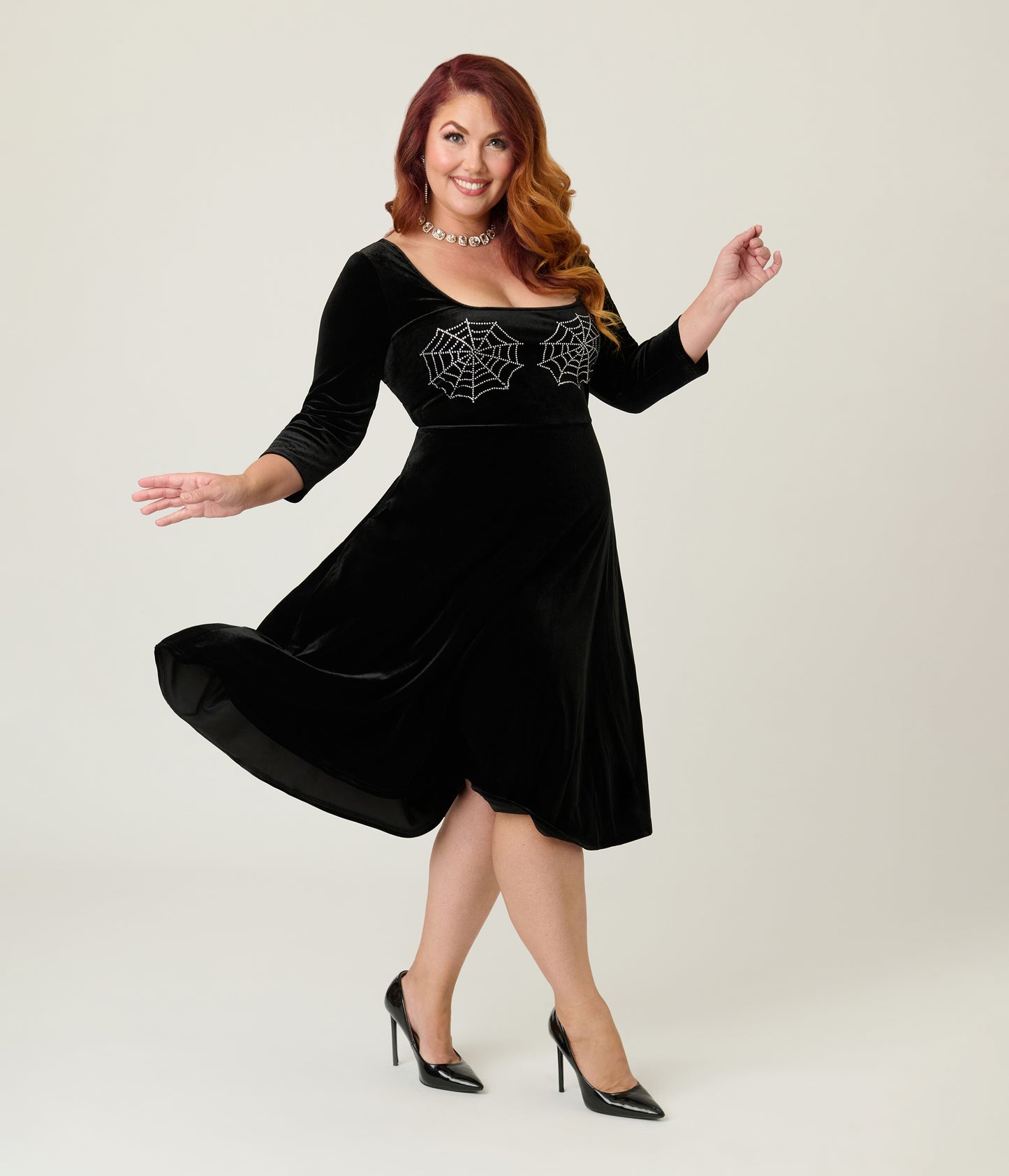 Unique Vintage Plus Size Black Spiderweb Square Neck Swing Dress