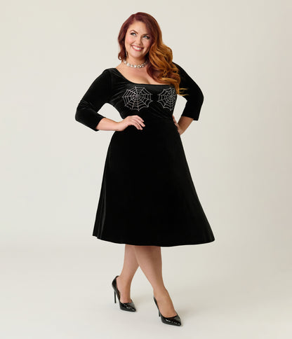 Unique Vintage Plus Size Black Spiderweb Square Neck Swing Dress