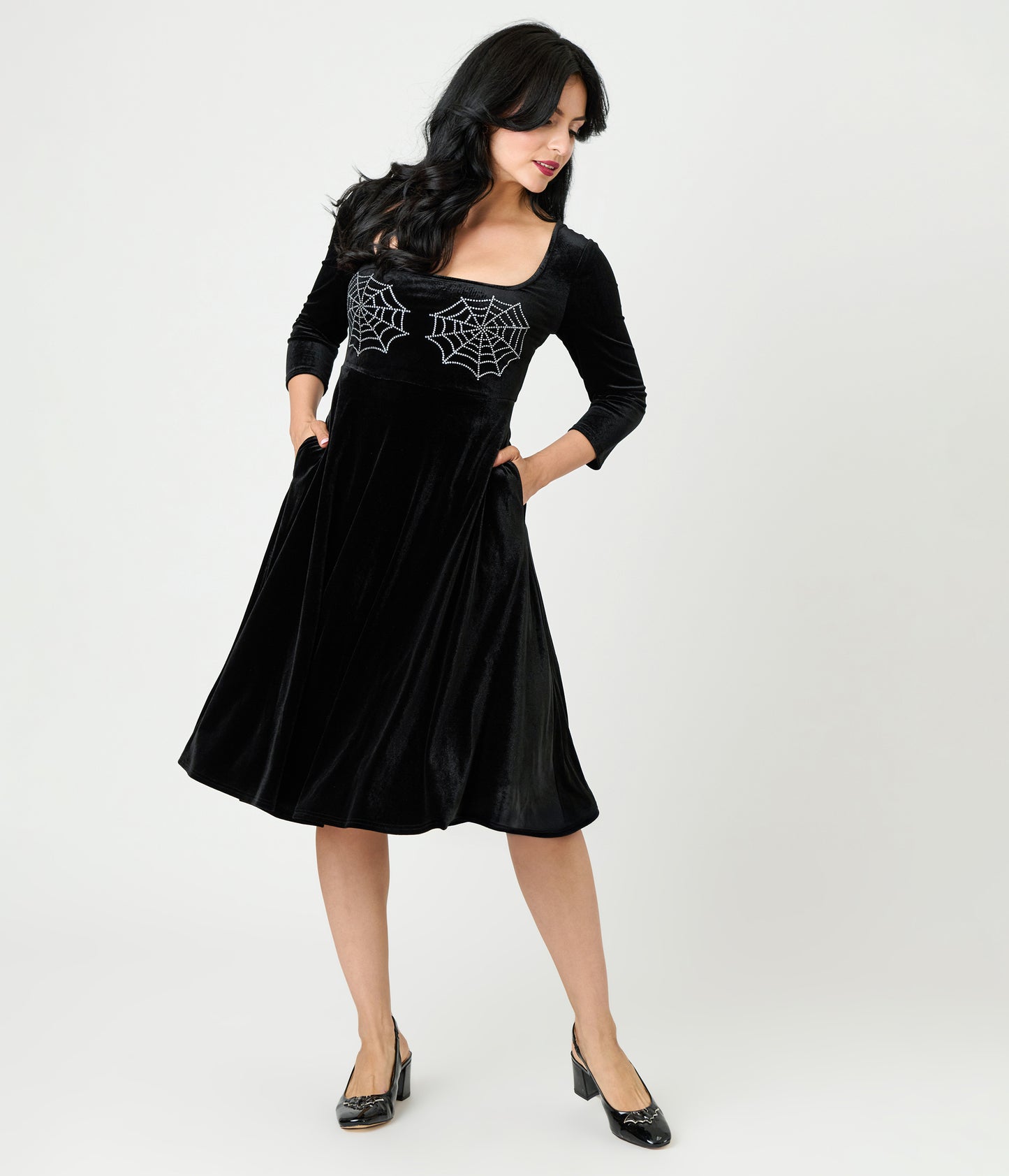 Unique Vintage Black Spiderweb Square Neck Swing Dress