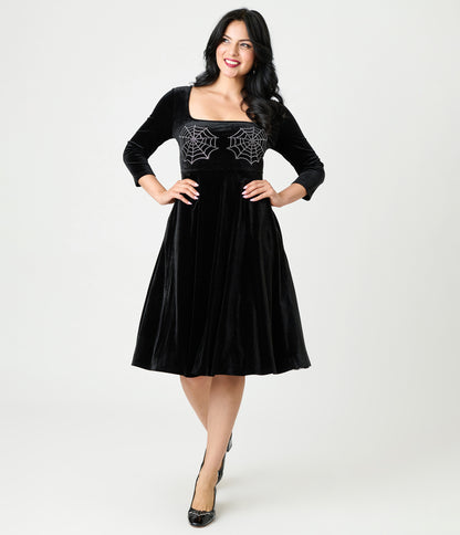 Unique Vintage Black Spiderweb Square Neck Swing Dress