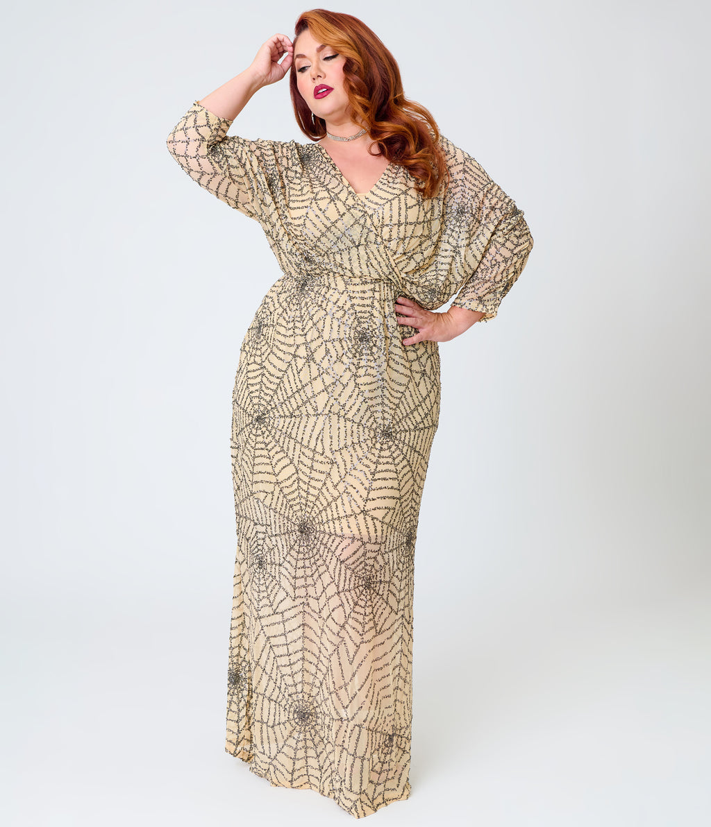 Smak Parlour Plus Size Nude Spiderweb Sequin Faux Wrap Diane Maxi Dress