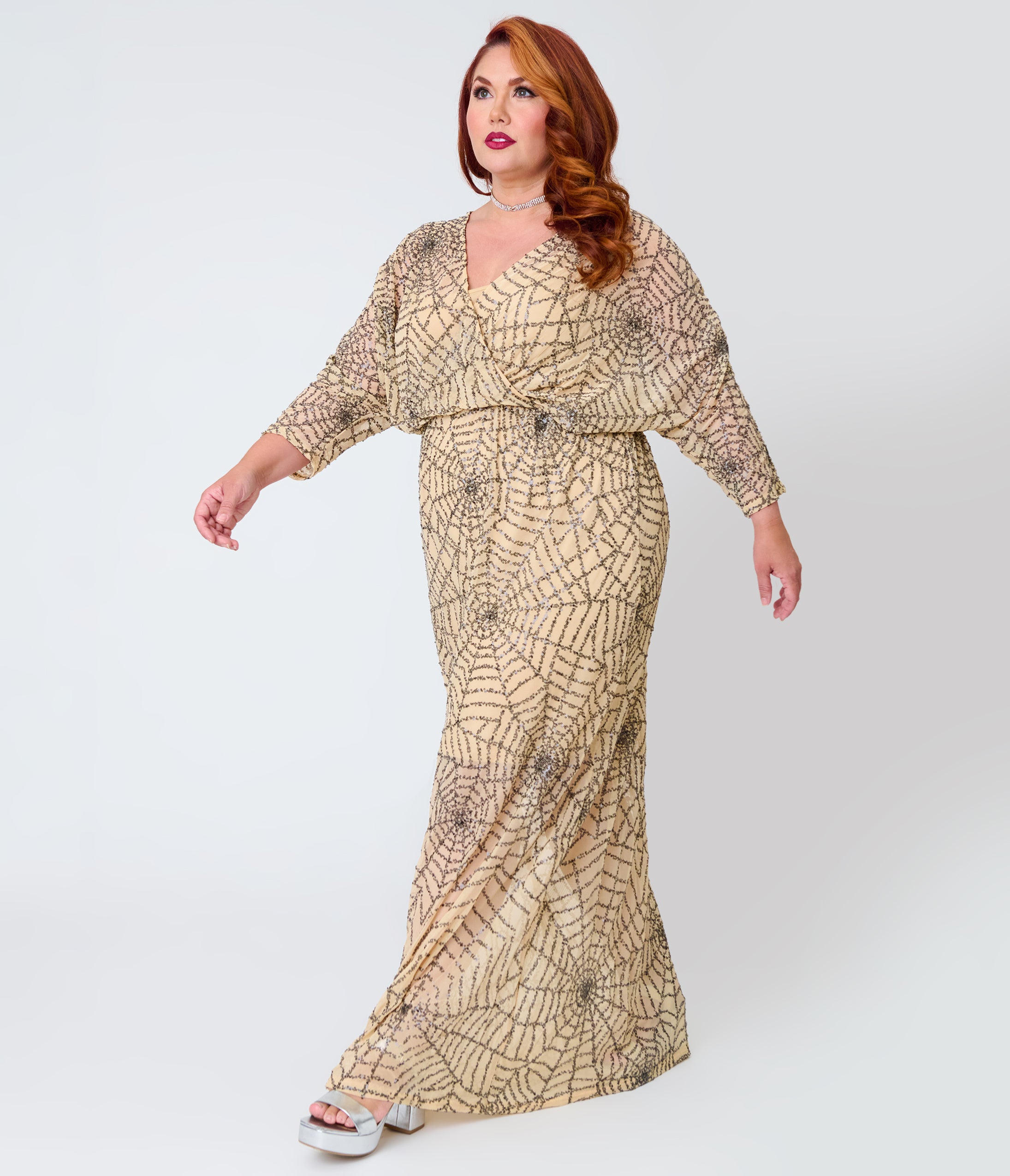Smak Parlour Plus Size Nude Spiderweb Sequin Faux Wrap Diane Maxi Dress