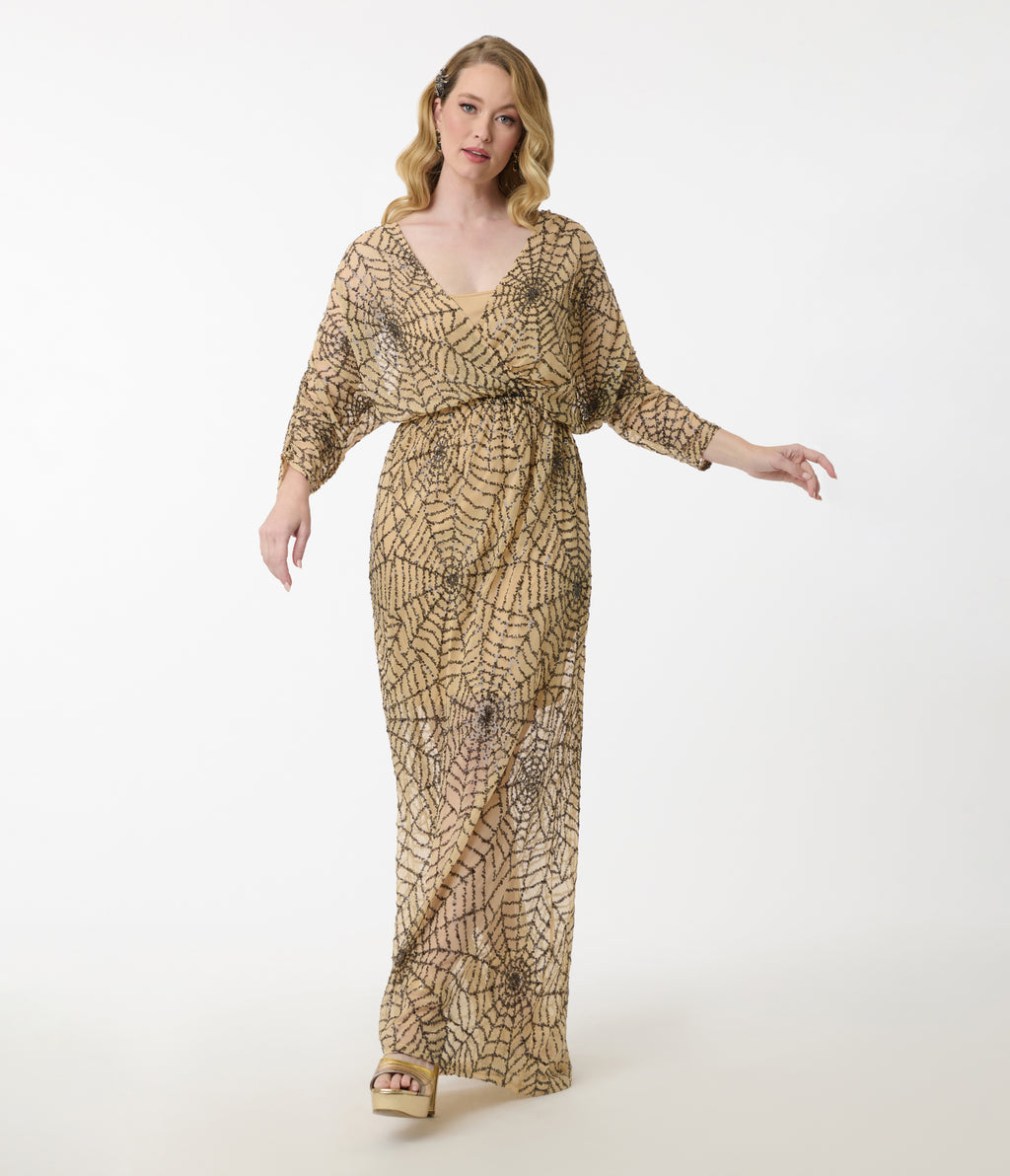 Smak Parlour Nude Spiderweb Sequin Faux Wrap Diane Maxi Dress