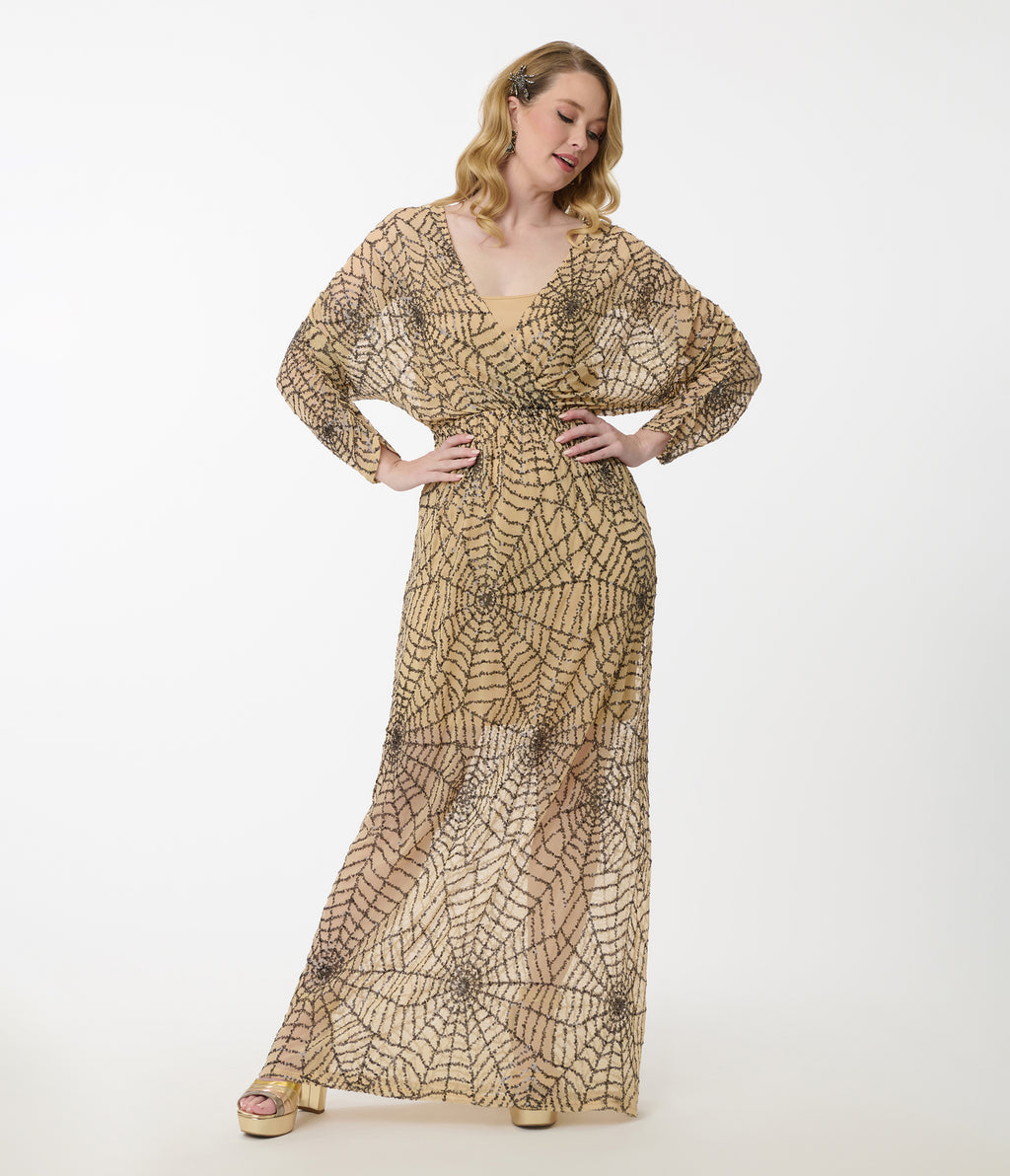 Smak Parlour Nude Spiderweb Sequin Faux Wrap Diane Maxi Dress