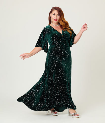 Smak Parlour Plus Size Green Velvet Silver Stars Cutout Maxi Dress