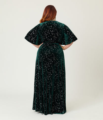Smak Parlour Plus Size Green Velvet Silver Stars Cutout Maxi Dress