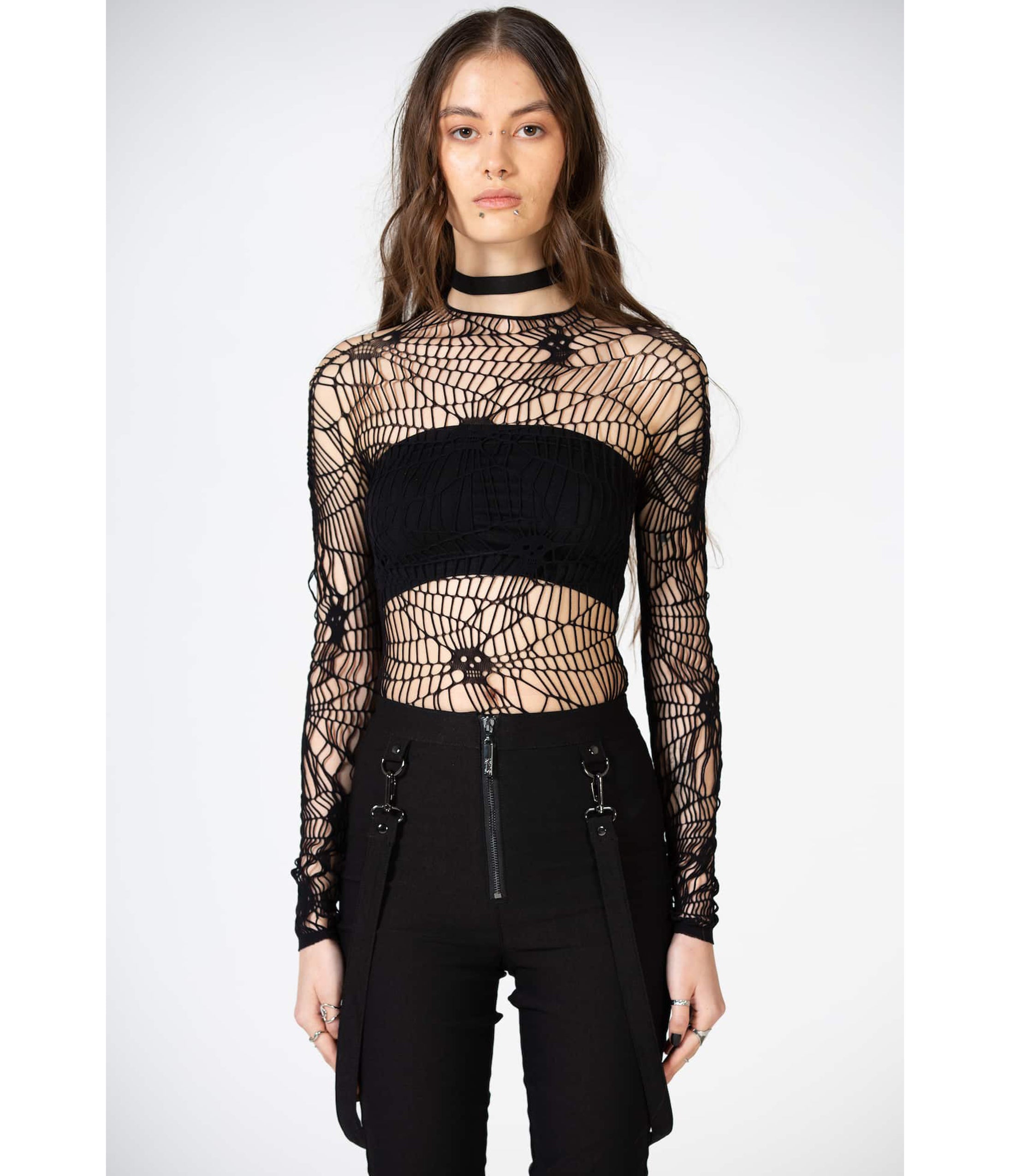 Killstar Black Web Fishnet Top - Unique Vintage - Womens, TOPS, SHIRTS