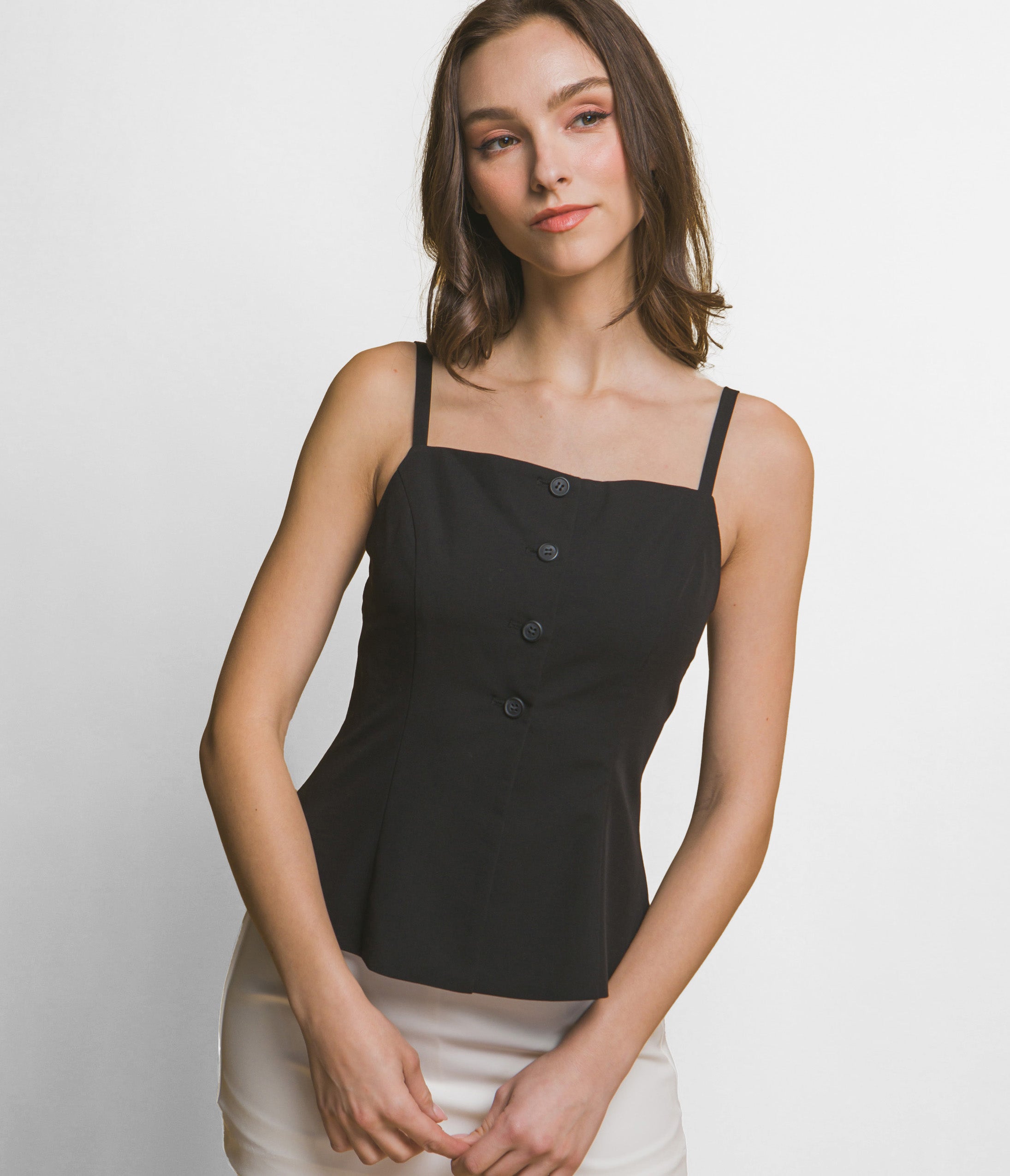Black Button Front Split Hem Tank Top