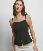 Black Button Front Split Hem Tank Top
