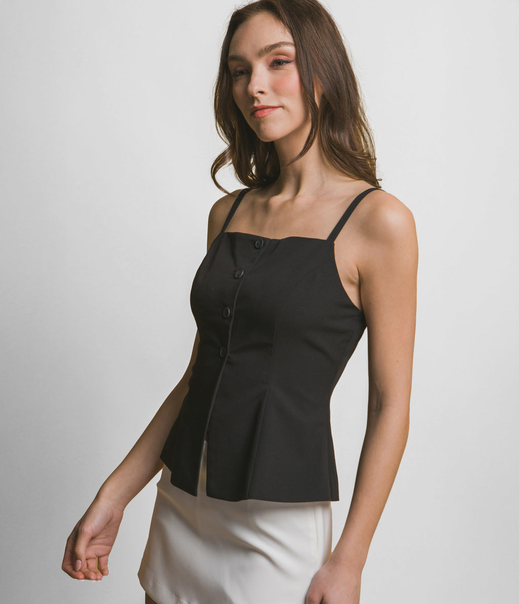 Black Button Front Split Hem Tank Top