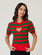 Smak Parlour Green & Red Stripe Heart Sweater