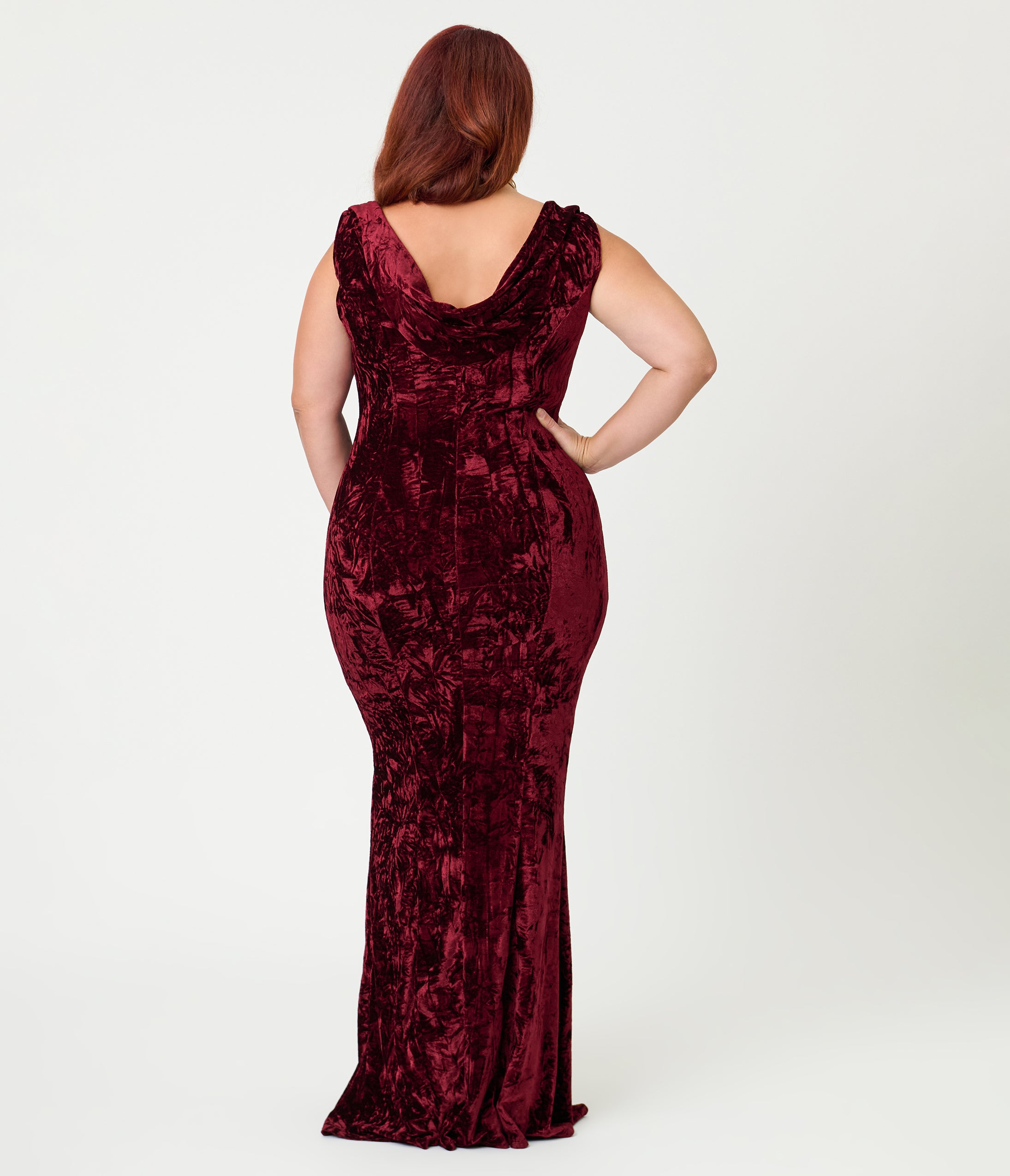 Unique Vintage Plus Size Burgundy Textured Velvet Goldwyn Gown