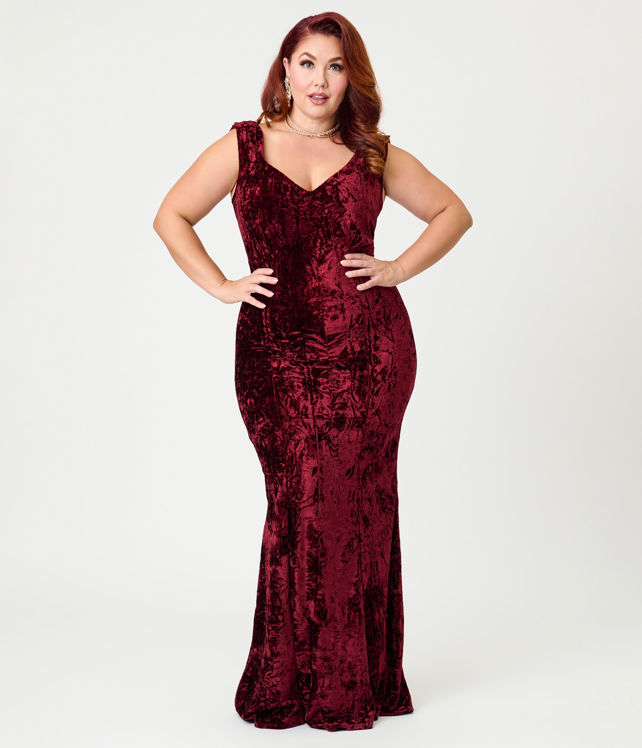 Unique Vintage Plus Size Burgundy Textured Velvet Goldwyn Gown