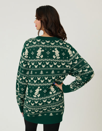 Disney Holiday Collection by Unique Vintage Green Winter Mickey Fair Isle Cardigan
