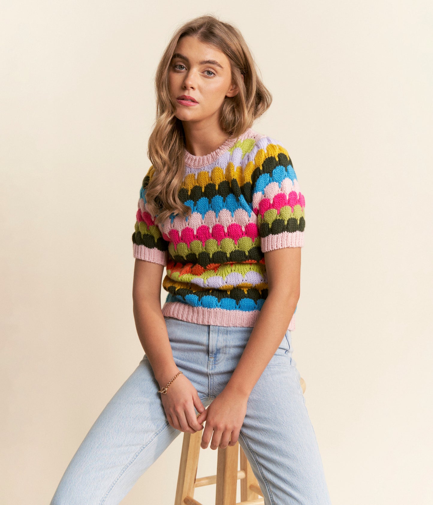 Multicolor Fish Scale Pattern Knit Sweater