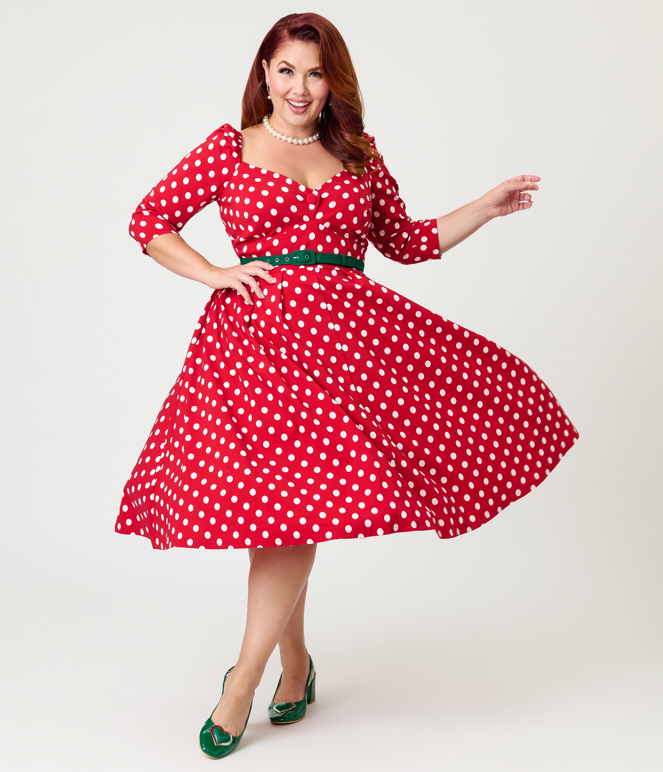Unique Vintage Plus Size Red & White Dot Lamar Swing Dress
