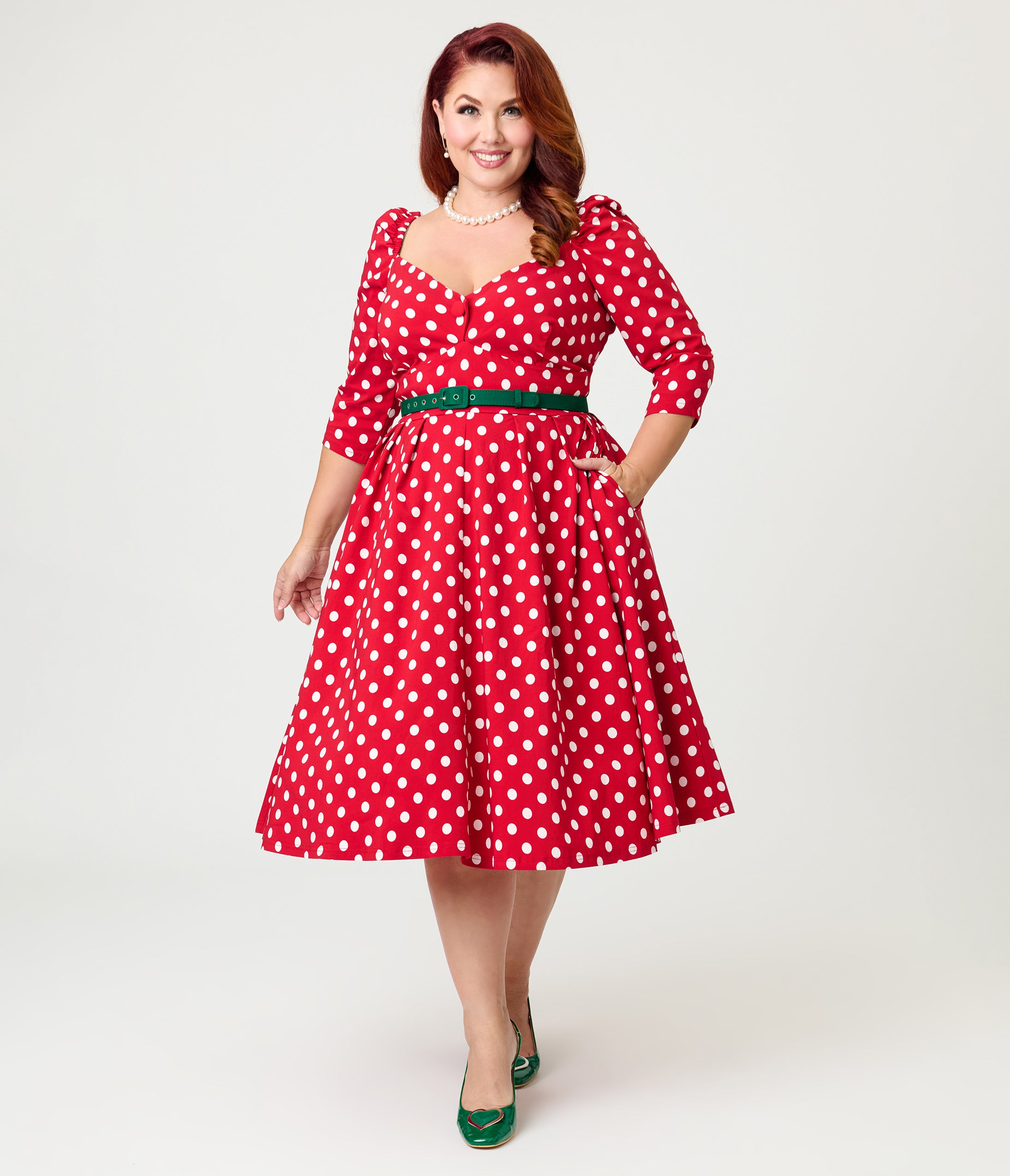 Unique Vintage Plus Size Red & White Dot Lamar Swing Dress