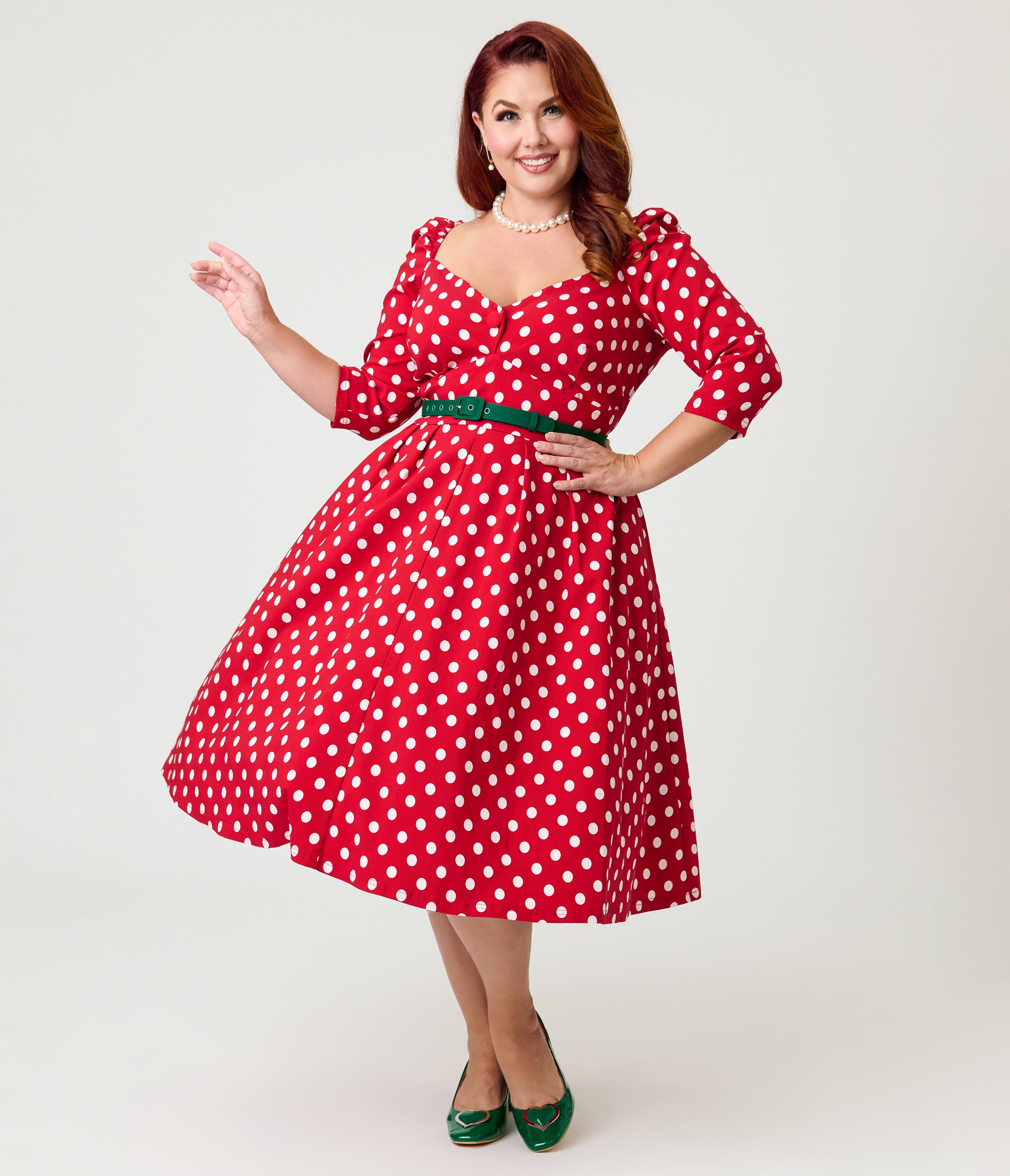 Unique Vintage Plus Size Red & White Dot Lamar Swing Dress