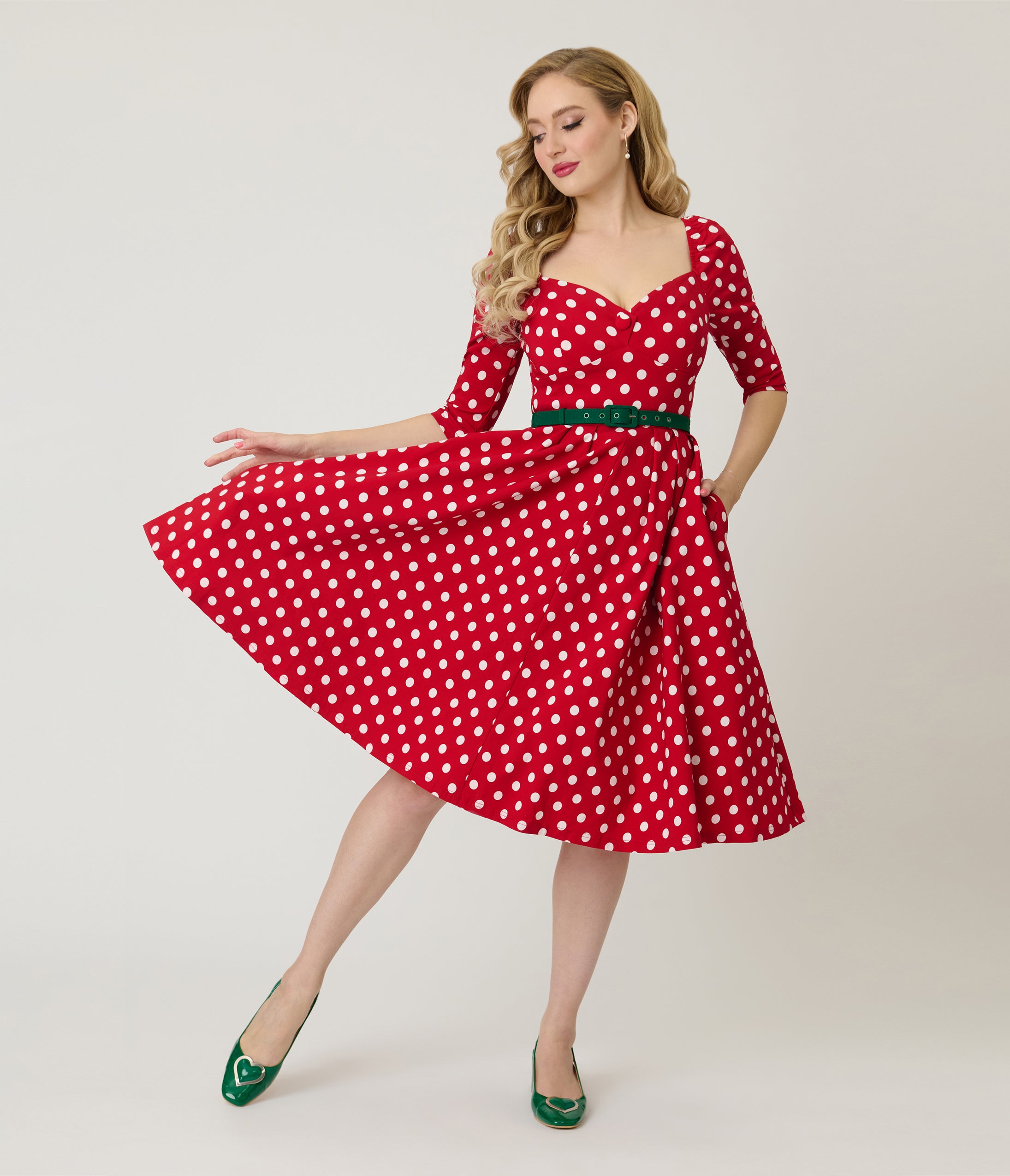 Unique Vintage Red & White Dot Lamar Swing Dress
