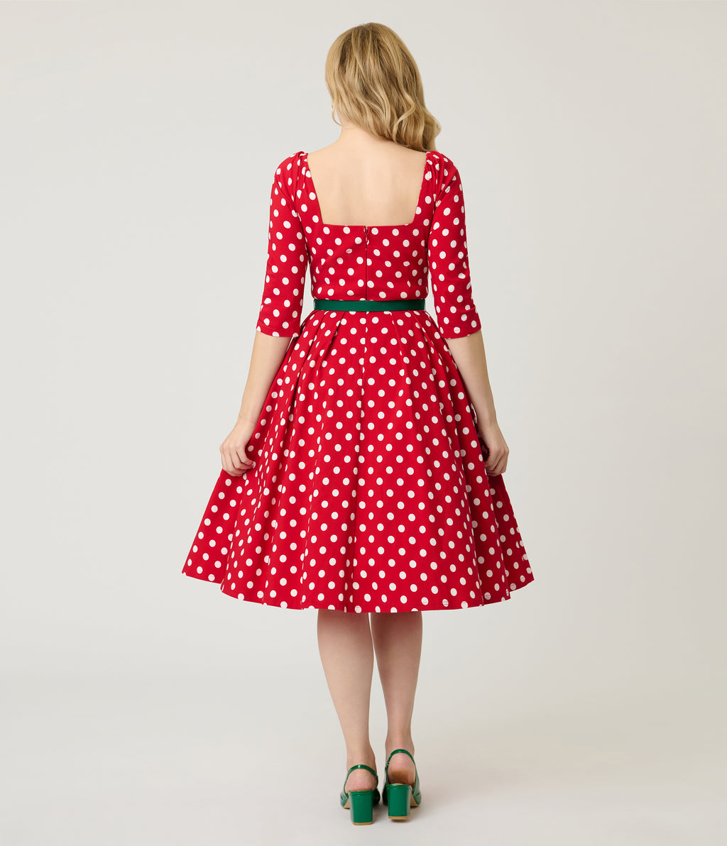 Unique Vintage Red & White Dot Lamar Swing Dress