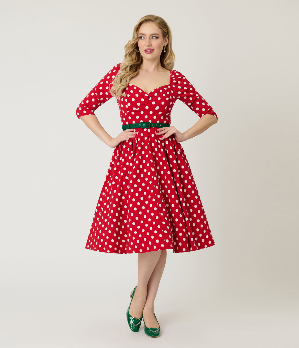 Unique Vintage Red & White Dot Lamar Swing Dress