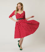 Unique Vintage Red & White Dot Lamar Swing Dress