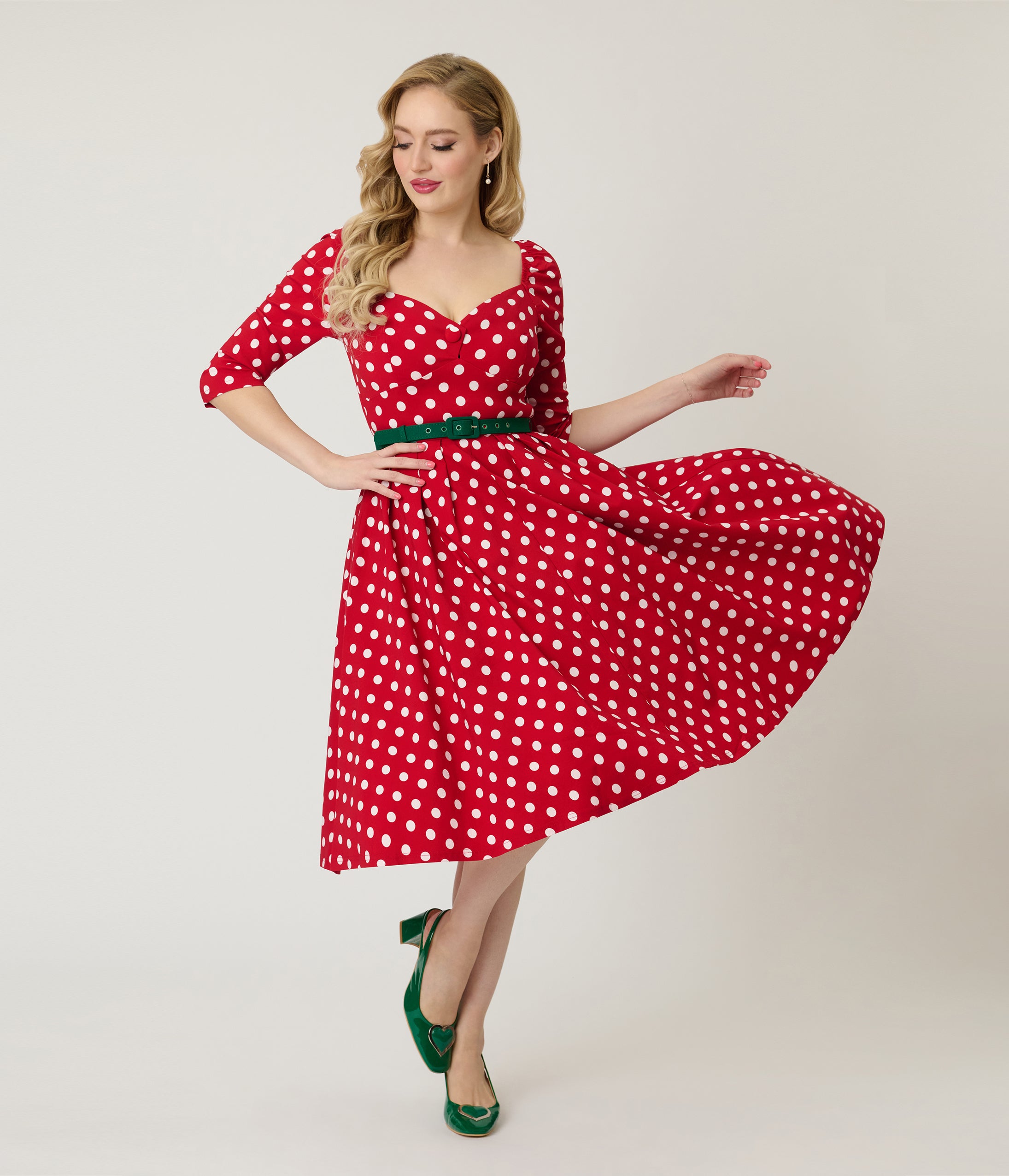 Unique Vintage Red & White Dot Lamar Swing Dress
