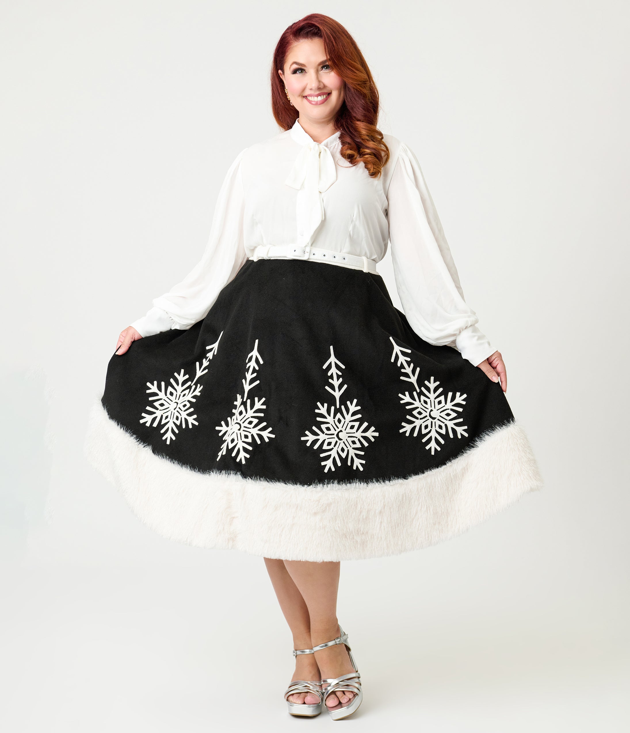 Unique Vintage Plus Size Black Felt & White Fur Snowflake Soda Shop Swing Skirt