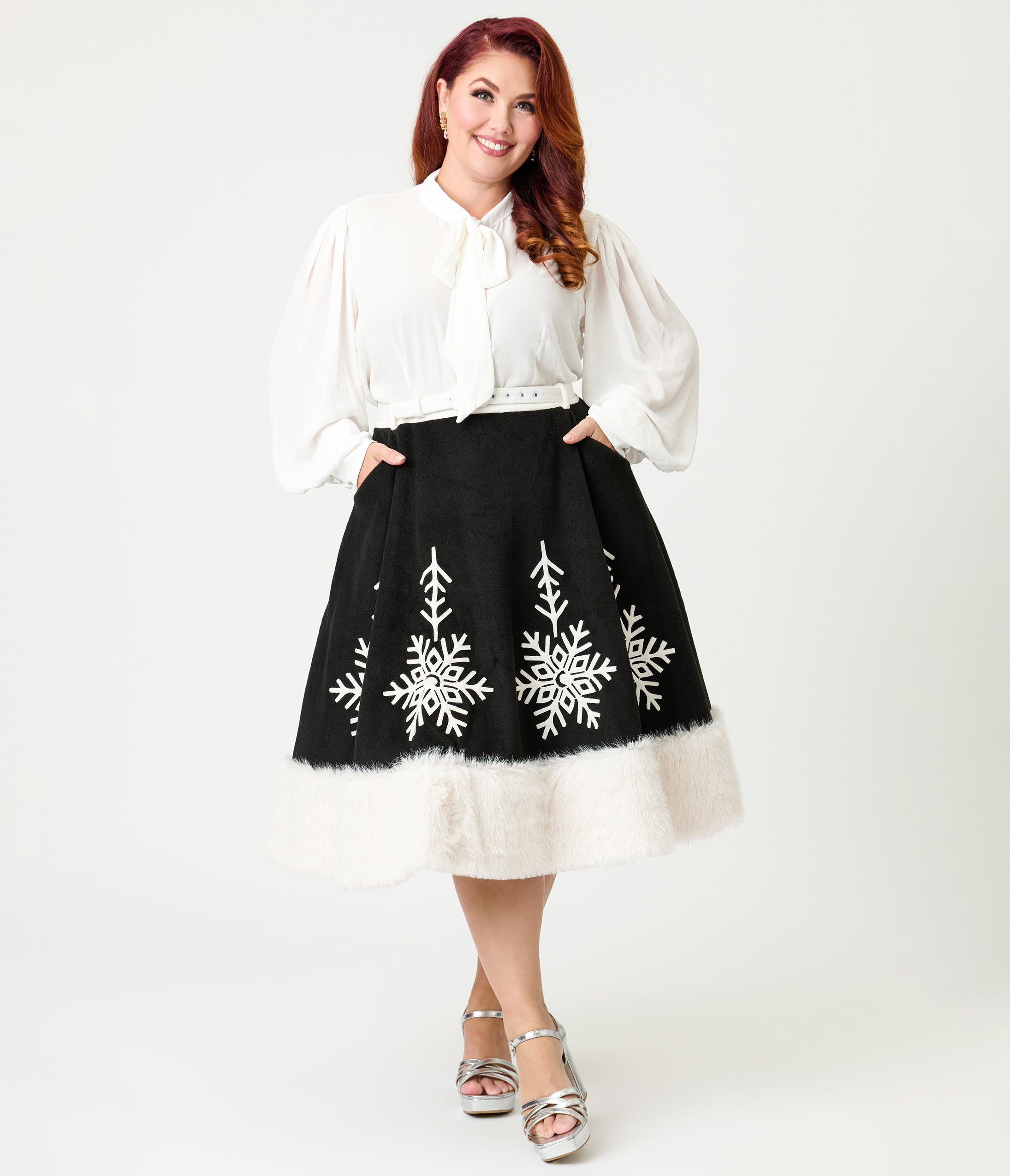 Unique Vintage Plus Size Black Felt & White Fur Snowflake Soda Shop Swing Skirt