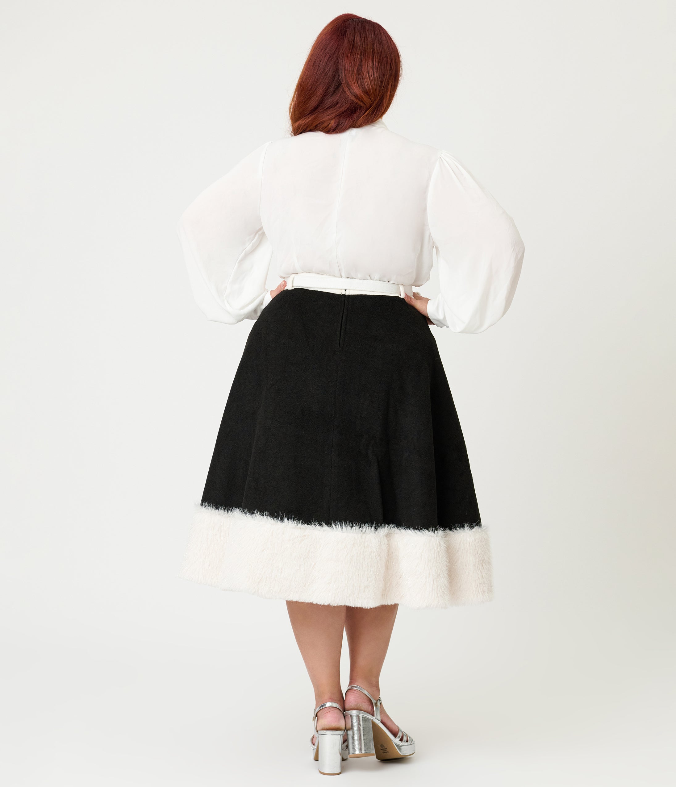 Unique Vintage Plus Size Black Felt & White Fur Snowflake Soda Shop Swing Skirt