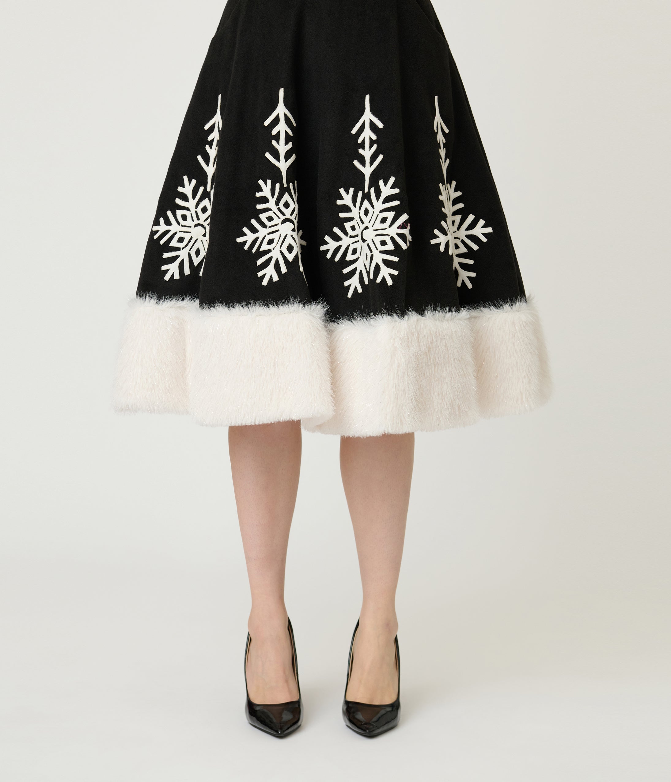 Unique Vintage Black Felt & White Fur Snowflake Soda Shop Swing Skirt
