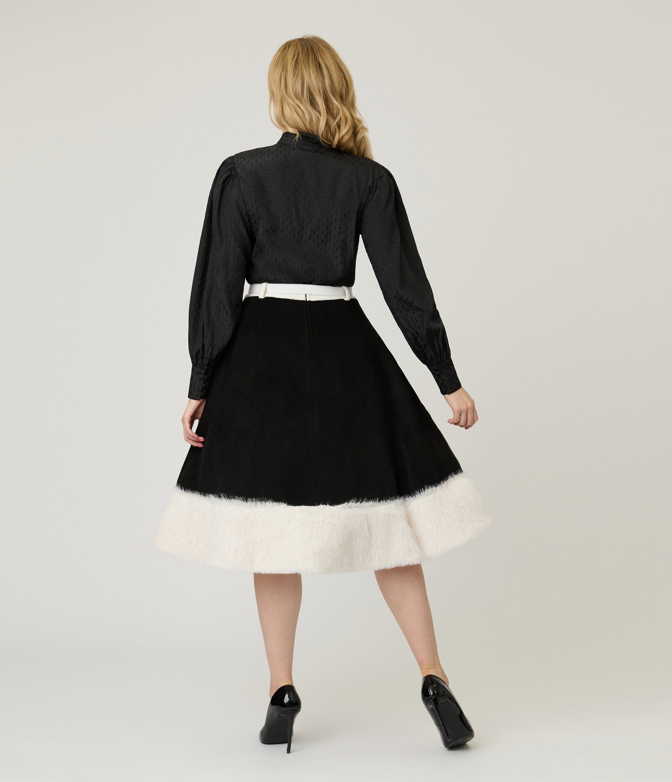 Unique Vintage Black Felt & White Fur Snowflake Soda Shop Swing Skirt