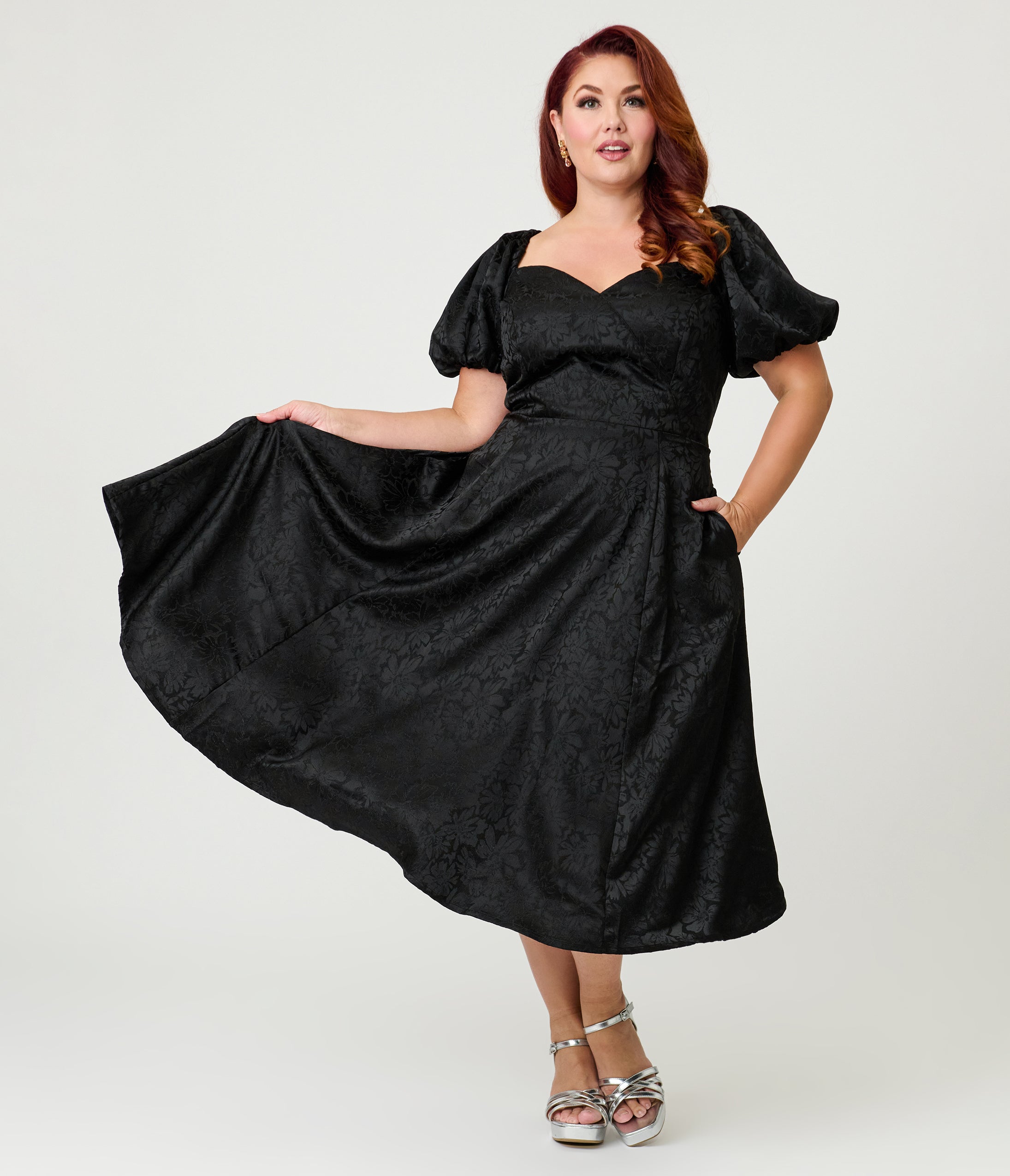 Unique Vintage Plus Size Black Floral Jacquard Sweetheart Swing Dress