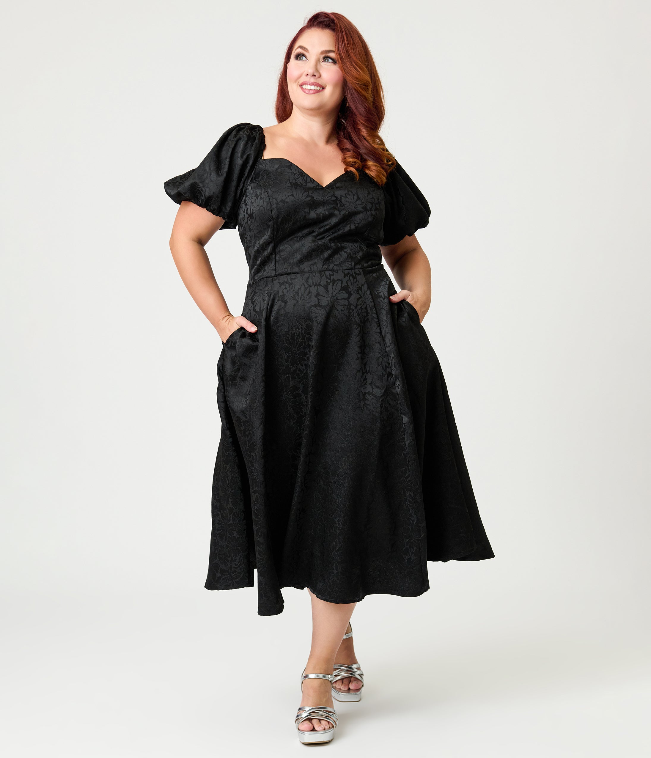 Unique Vintage Plus Size Black Floral Jacquard Sweetheart Swing Dress