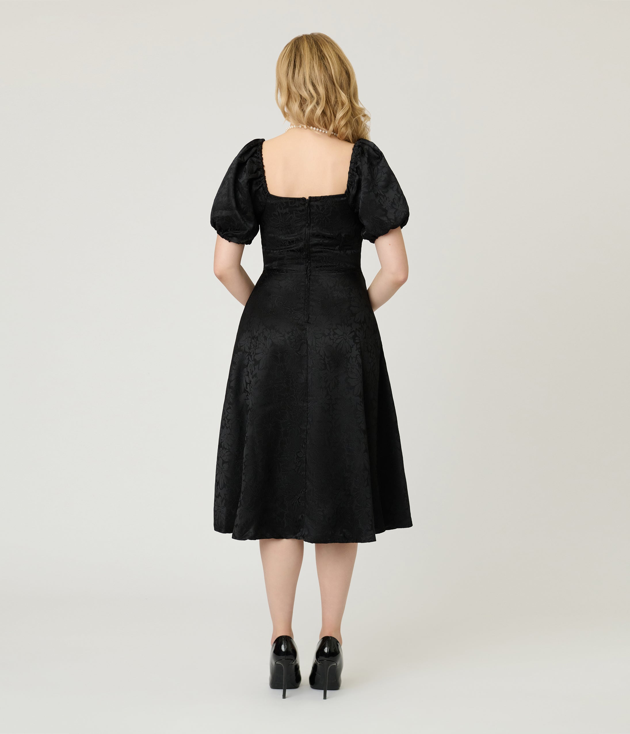 Unique Vintage Black Floral Jacquard Sweetheart Swing Dress