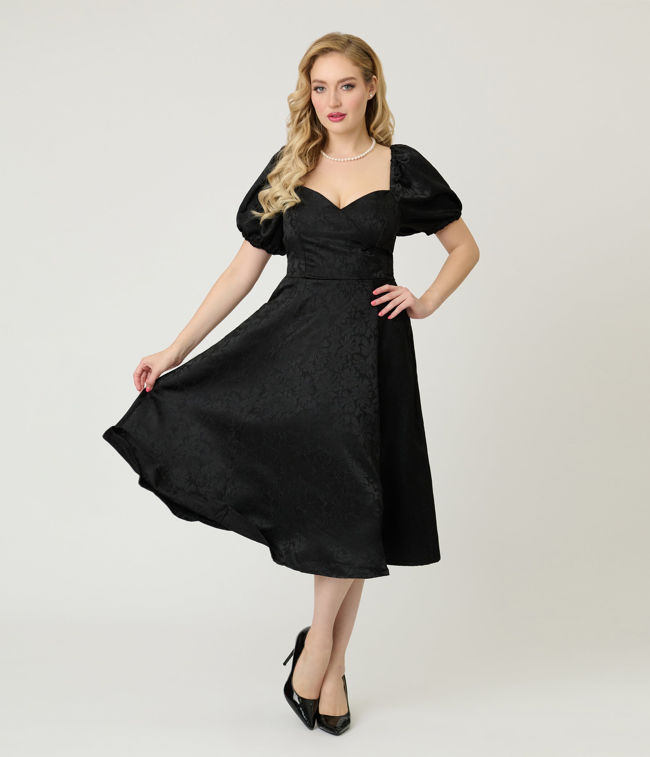 Unique Vintage Black Floral Jacquard Sweetheart Swing Dress