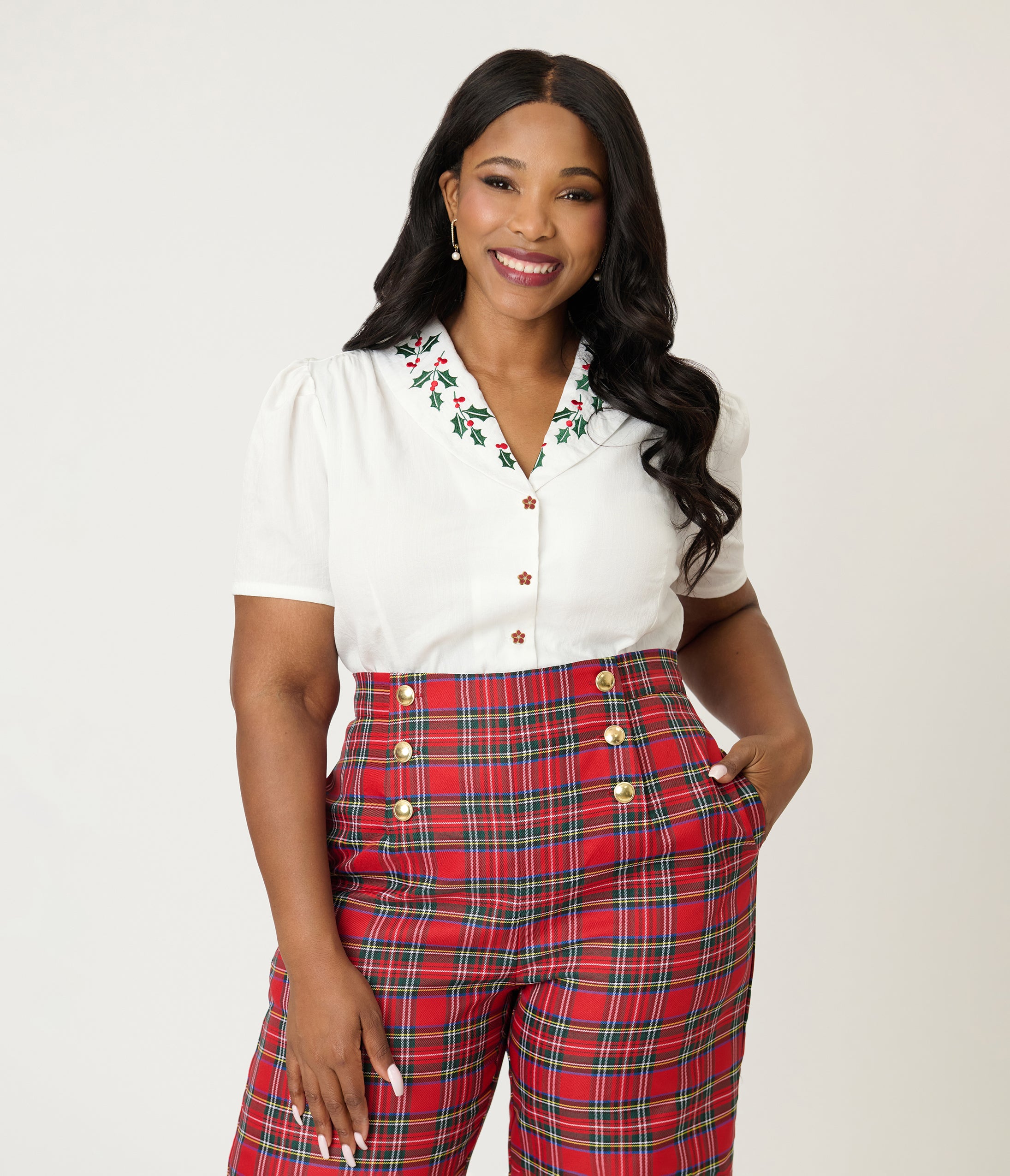 Unique Vintage Plus Size White & Holly Embroidered Collar Blouse